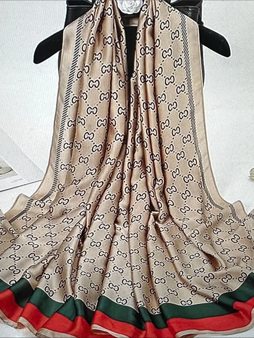 Designer-Inspired Beige Patterned Scarf with Green & Red Trim